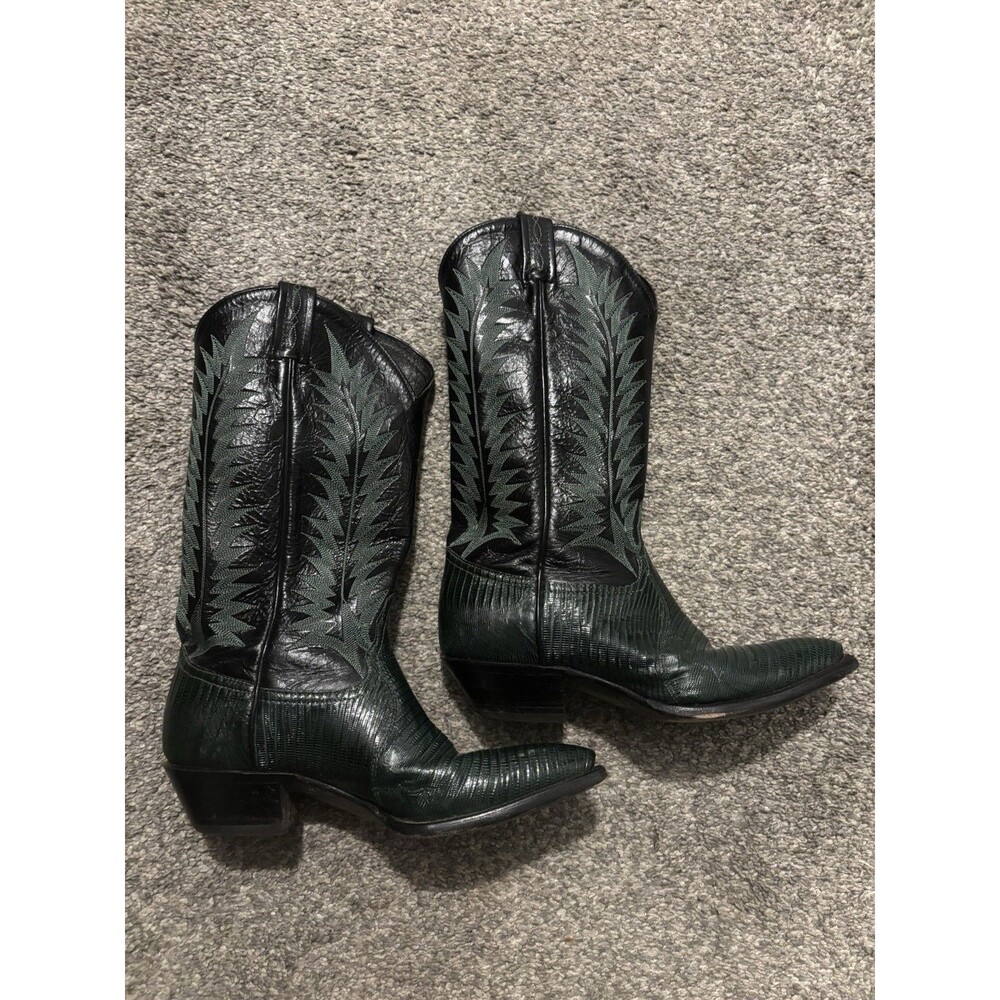Vintage Lizard Skin Tony Lama Boots Womens Size 7 M Forest Green Black Cowboy
